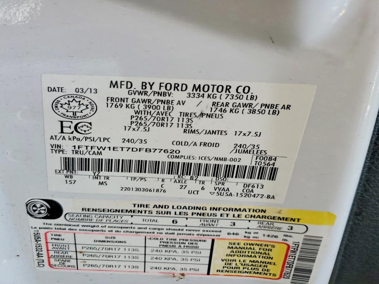 2013 Ford F150 Supercrew White vin: 1FTFW1ET7DFB77620