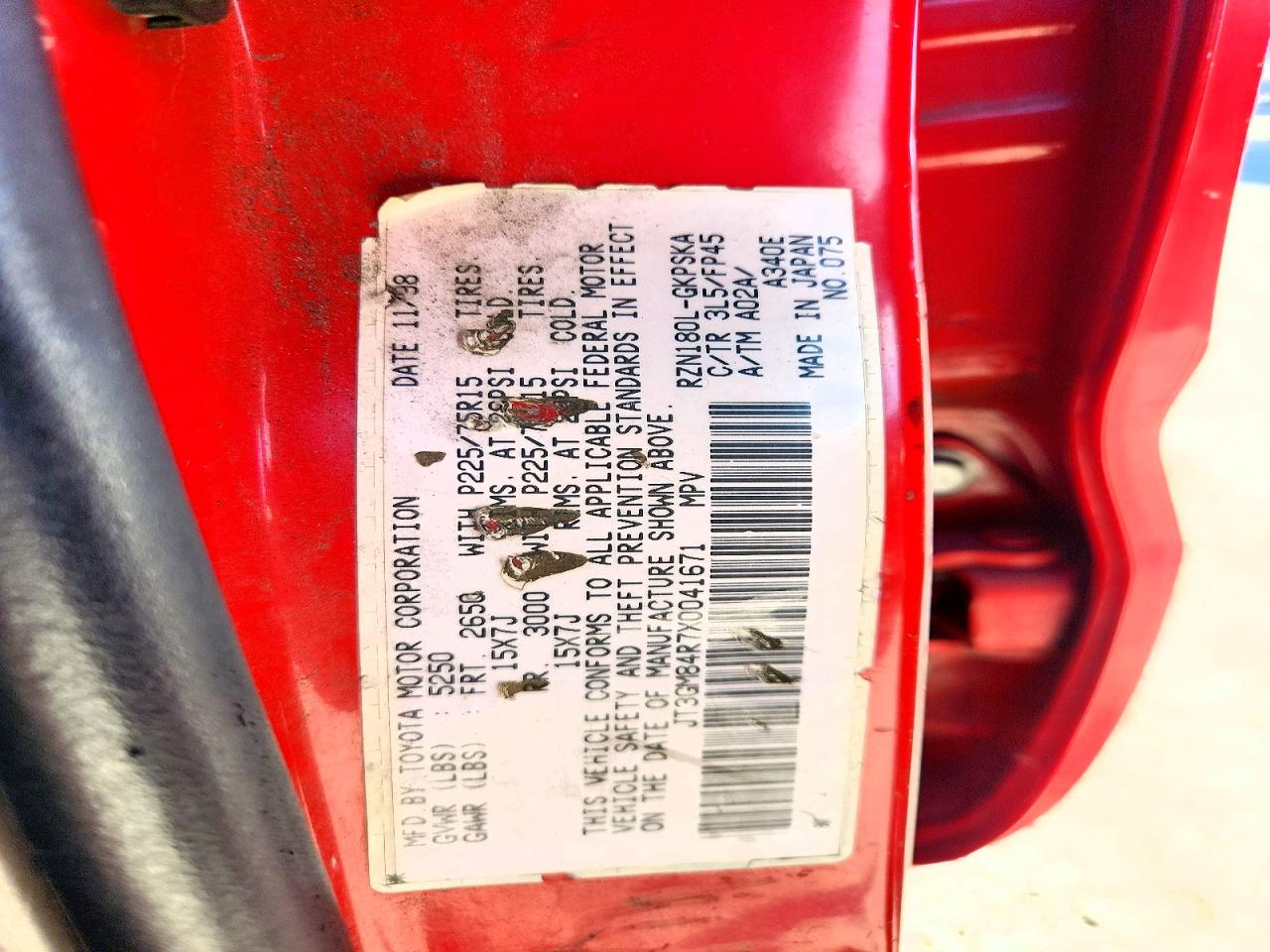 1999 Toyota 4runner Base Red vin: JT3GM84R7X0041671