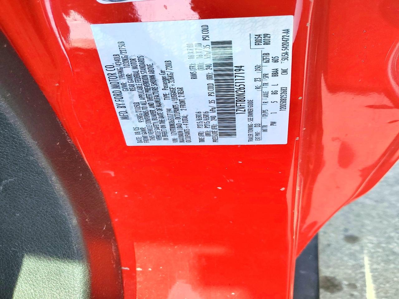 2006 Ford Mustang Red vin: 1ZVFT80N265117194