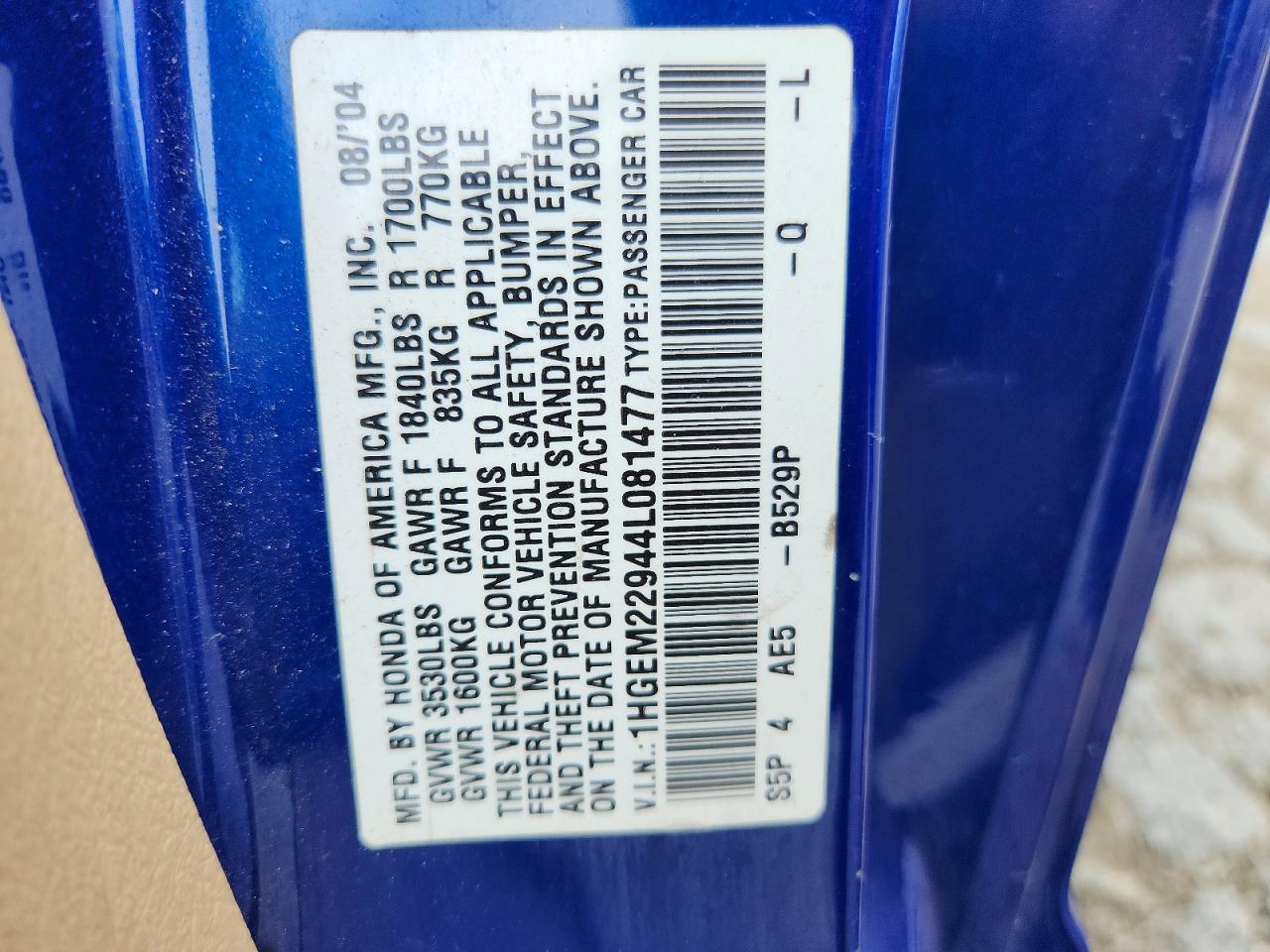 2004 Honda Civic Ex Blue vin: 1HGEM22944L081477