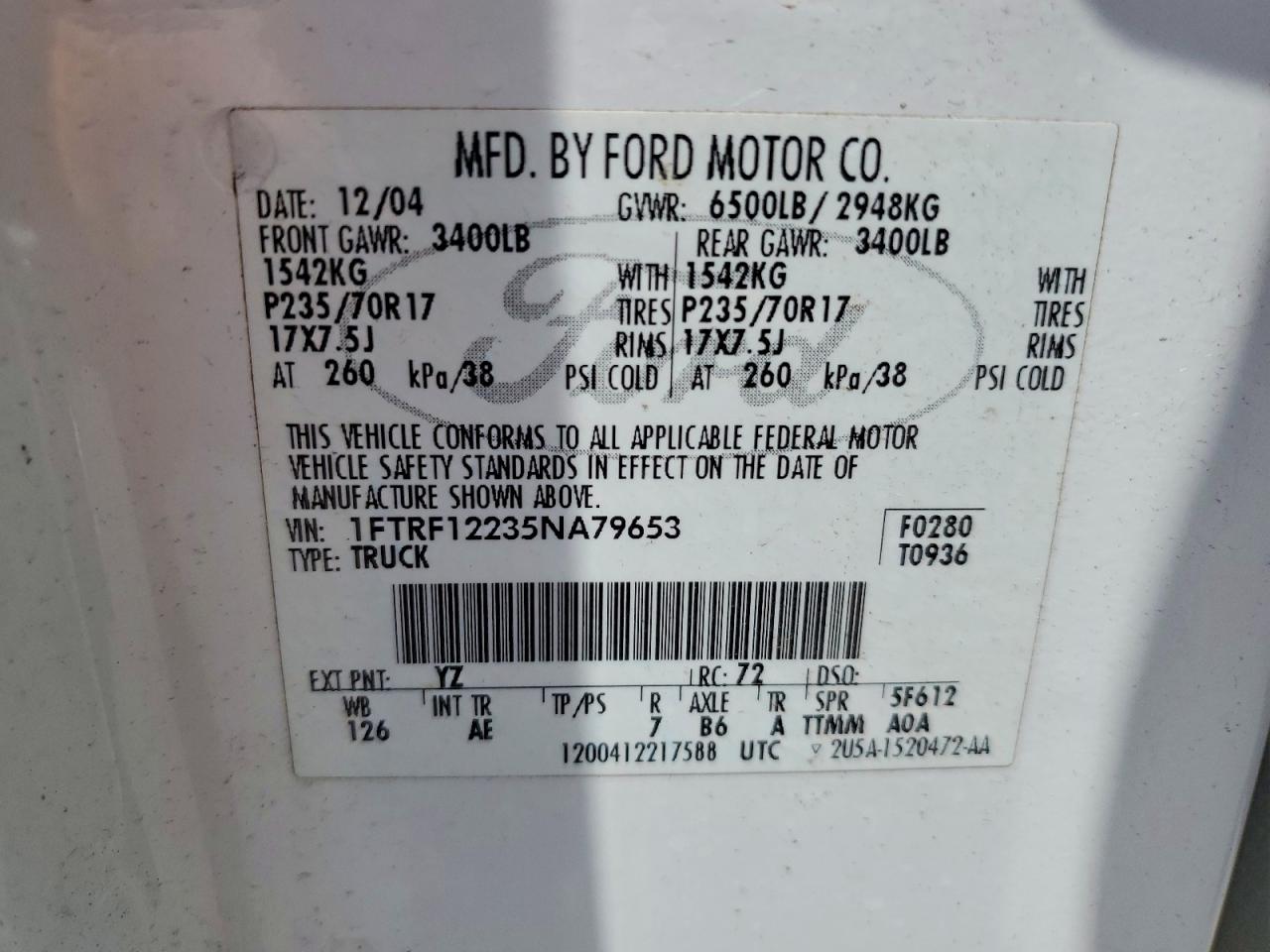 2005 Ford F150 Белый vin: 1FTRF12235NA79653