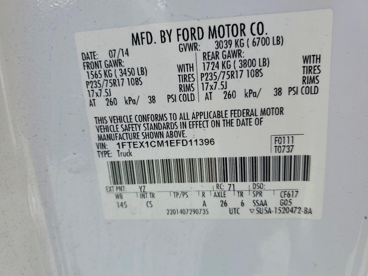 2014 Ford F150 Super Cab White vin: 1FTEX1CM1EFD11396