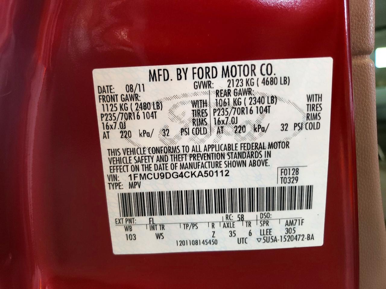 2012 Ford Escape Xlt Red vin: 1FMCU9DG4CKA50112