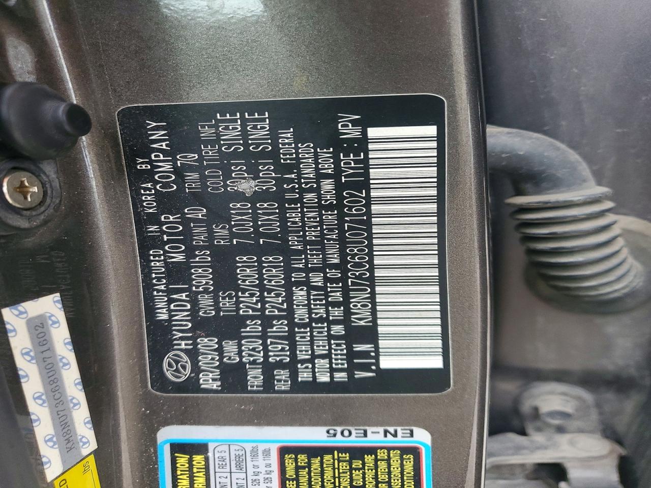 2008 Hyundai Veracruz Gls Gray vin: KM8NU73C68U071602