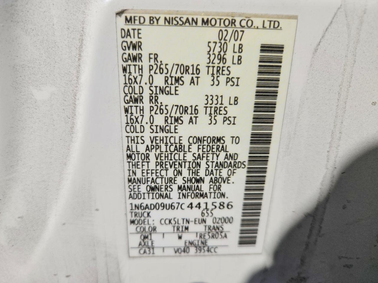 2007 Nissan Frontier Se White vin: 1N6AD09U67C441586