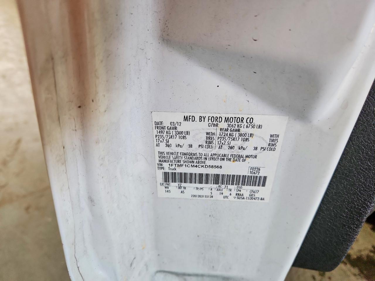 2012 Ford F150 White vin: 1FTMF1CM4CKD58568
