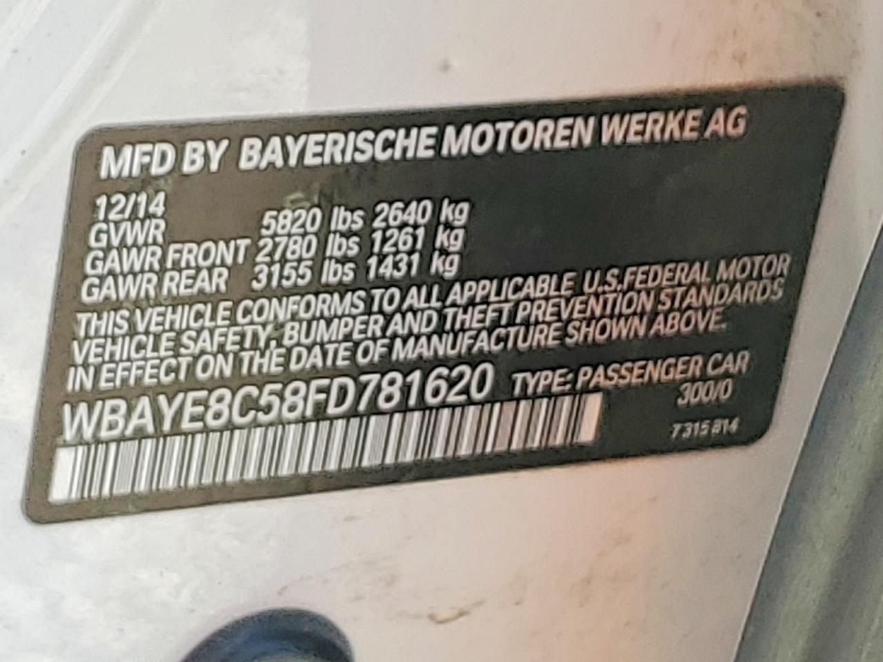 2015 Bmw 750 Li Белый vin: WBAYE8C58FD781620