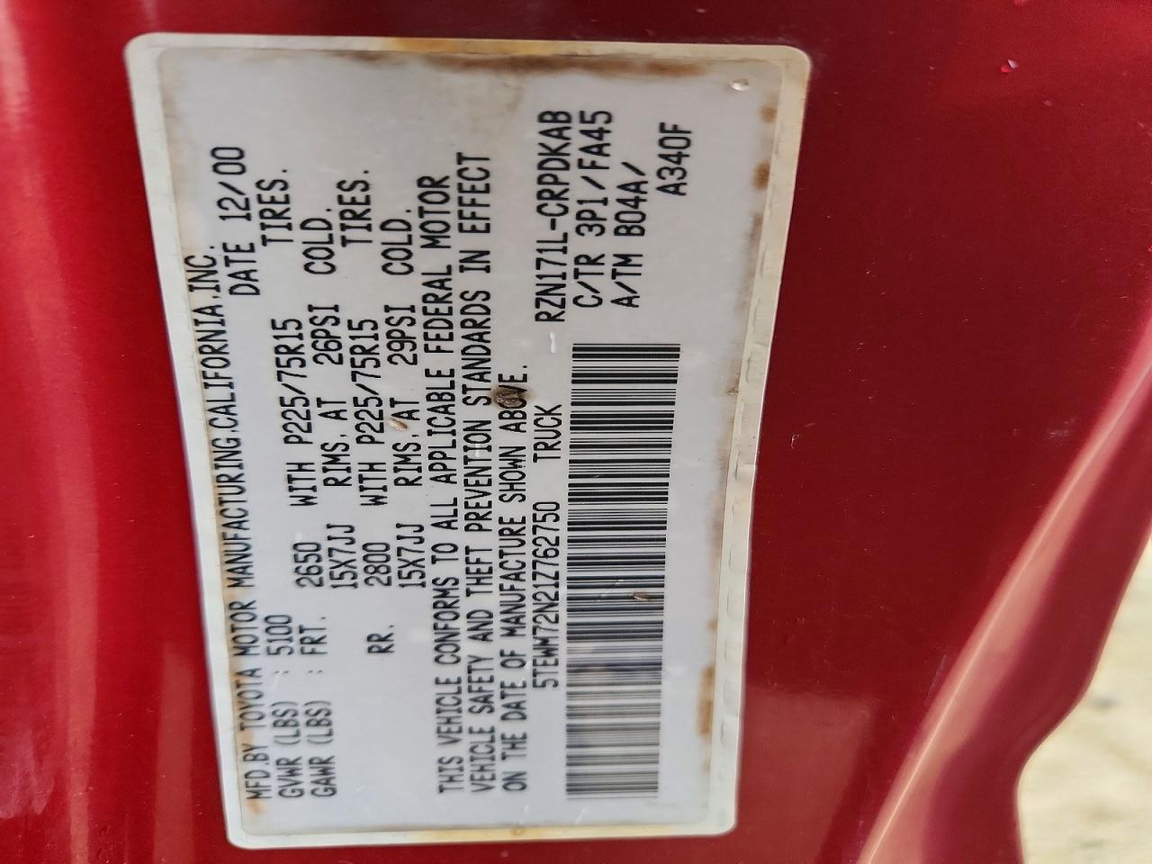 2001 Toyota Tacoma Base Red vin: 5TEWM72N21Z762750