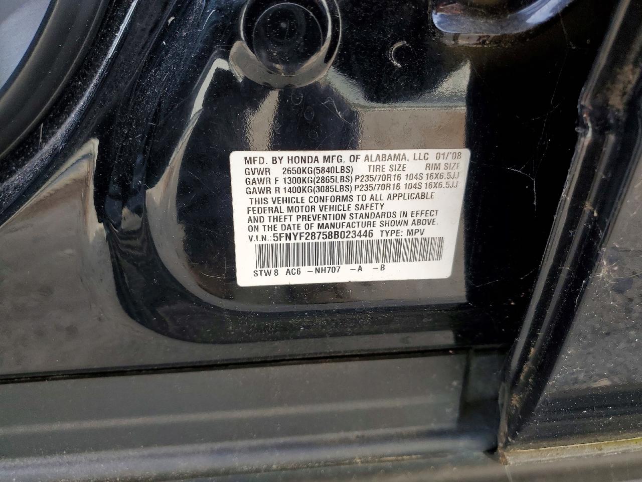 2008 Honda Pilot Exl Black vin: 5FNYF28758B023446