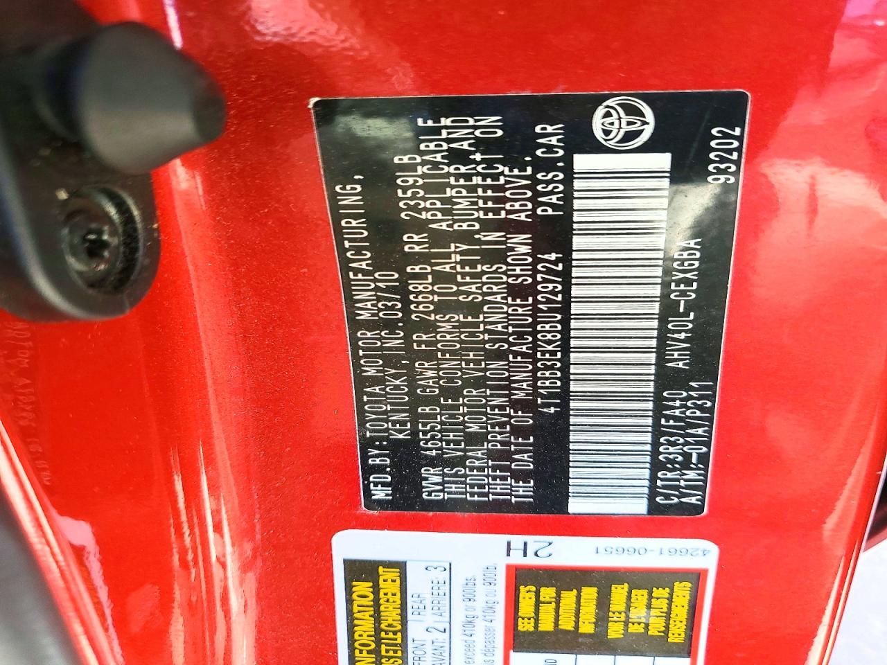 2011 Toyota Camry Hybrid Red vin: 4T1BB3EK8BU129724