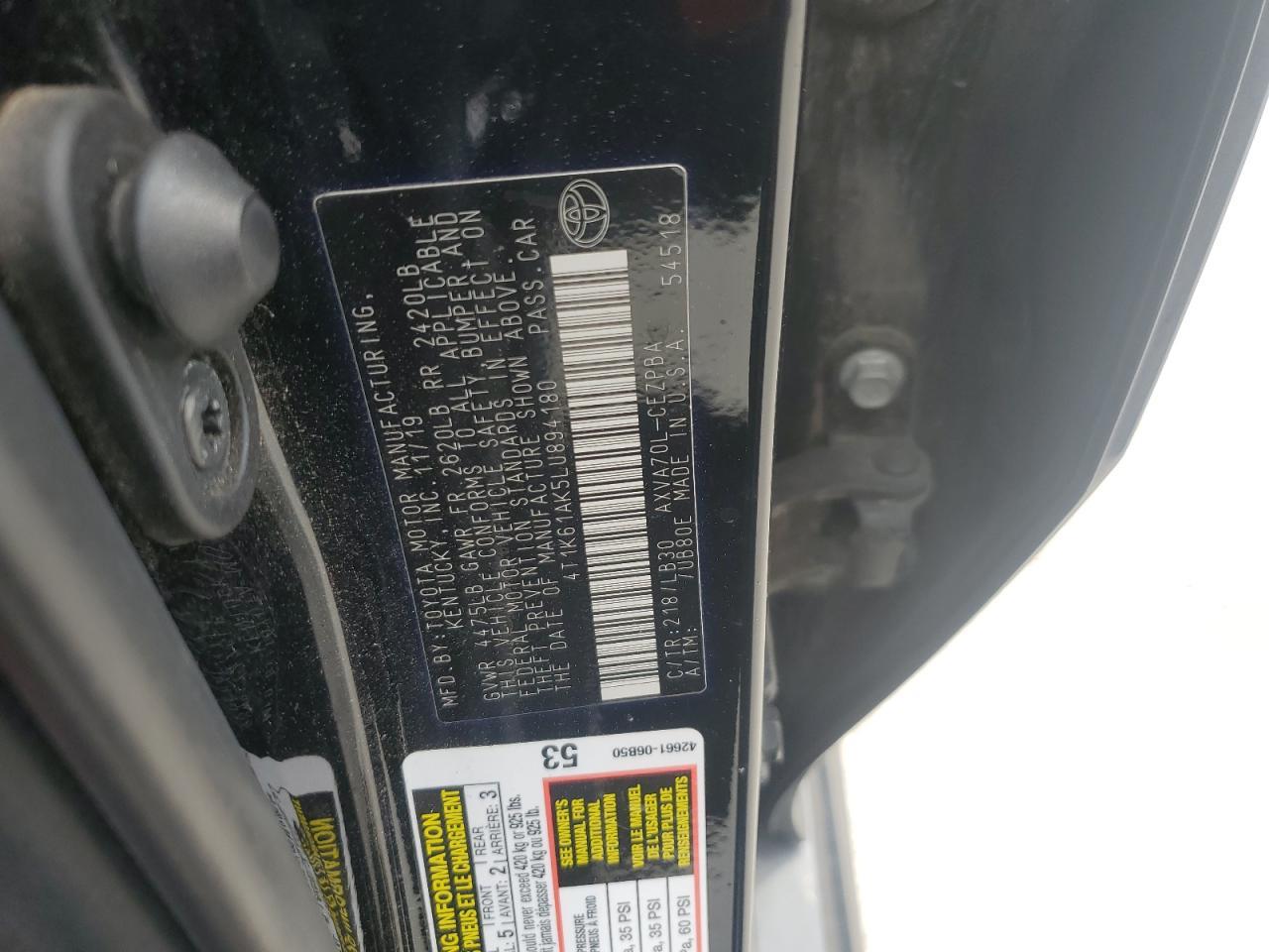 2020 Toyota Camry Xse Black vin: 4T1K61AK5LU894180