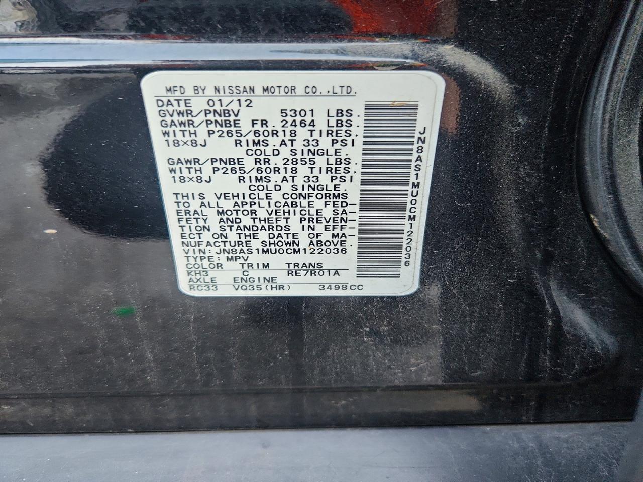 2012 Infiniti Fx35 Base Black vin: JN8AS1MU0CM122036