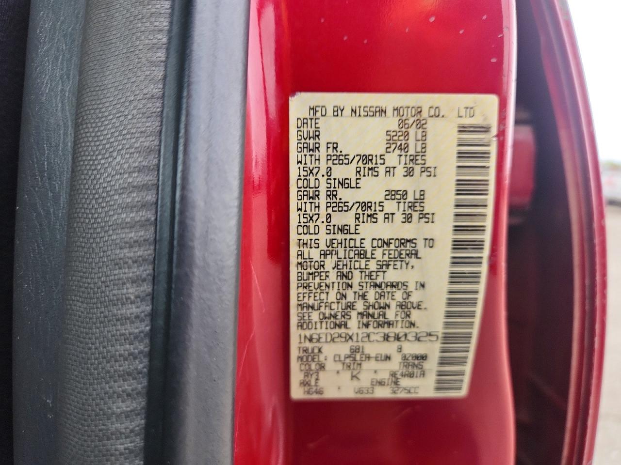 2002 Nissan Frontier Xe-v6 Red vin: 1N6ED29X12C380325