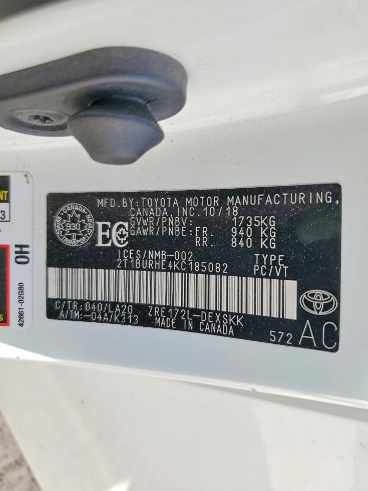 2019 Toyota Corolla L White vin: 2T1BURHE4KC185082