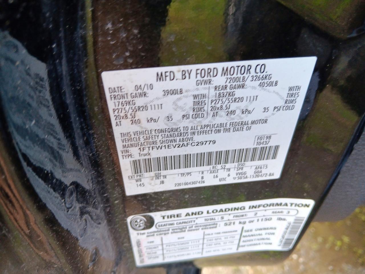 2010 Ford F150 Supercrew Black vin: 1FTFW1EV2AFC29779