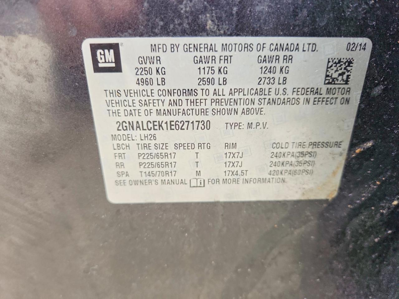 2014 Chevrolet Equinox Lt Угольный vin: 2GNALCEK1E6271730