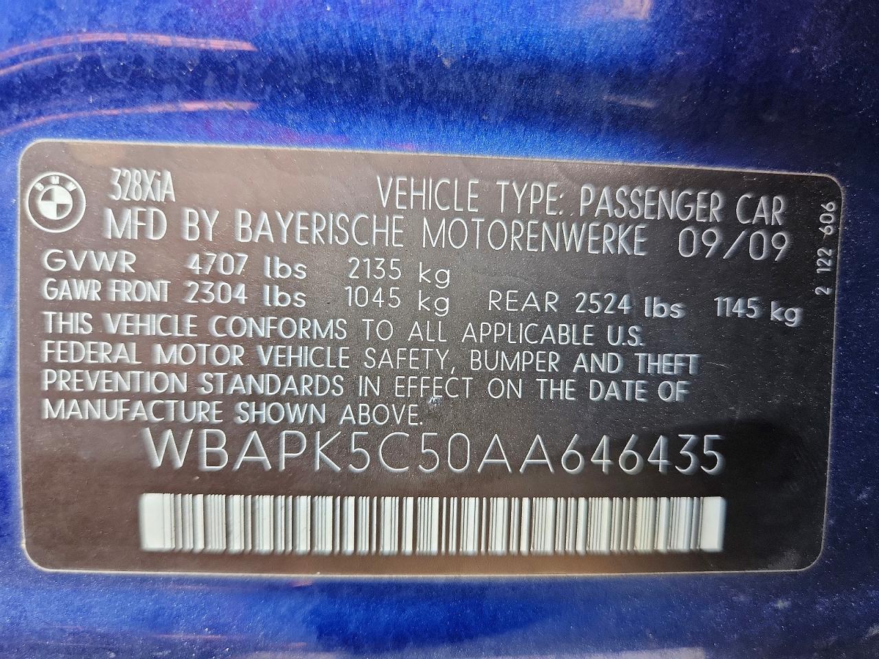 2010 Bmw 328 Xi Sulev Blue vin: WBAPK5C50AA646435