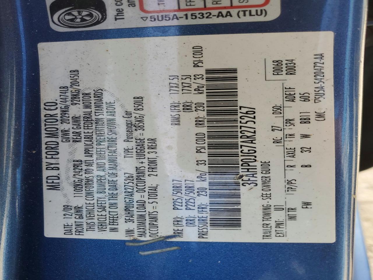 2010 Ford Fusion Sel Blue vin: 3FAHP0JG7AR275267
