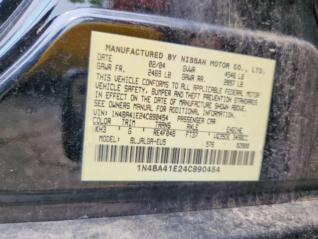 2004 Nissan Maxima 3.5 Se Black vin: 1N4BA41E24C890454