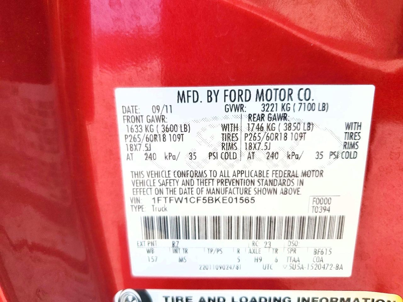 2011 Ford F150 Supercrew Красный vin: 1FTFW1CF5BKE01565