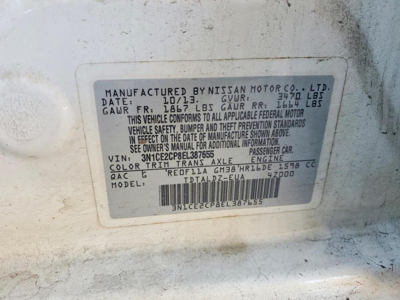 2014 Nissan Versa Note Sv White vin: 3N1CE2CP8EL387655