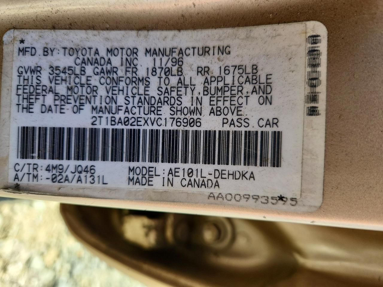 1997 Toyota Corolla Base Gold vin: 2T1BA02EXVC176906