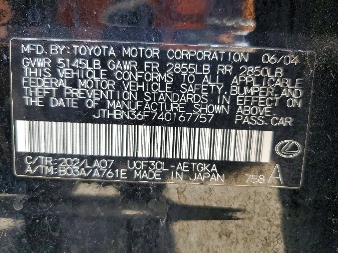 2004 Lexus Ls 430 Gray vin: JTHBN36F740167757