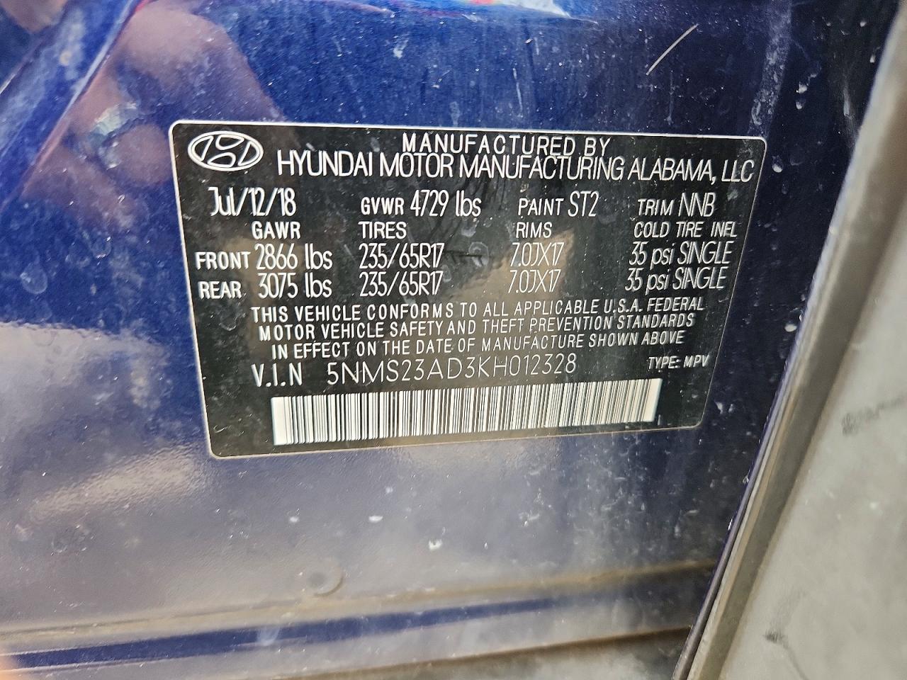2019 Hyundai Santa Fe Se Blue vin: 5NMS23AD3KH012328