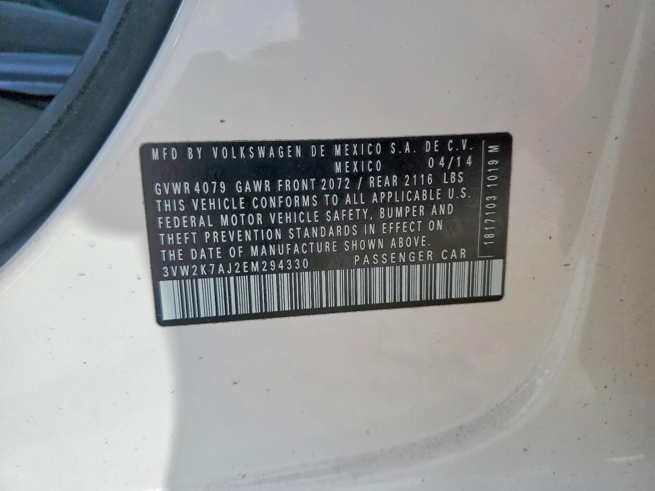 2014 Volkswagen Jetta Base White vin: 3VW2K7AJ2EM294330