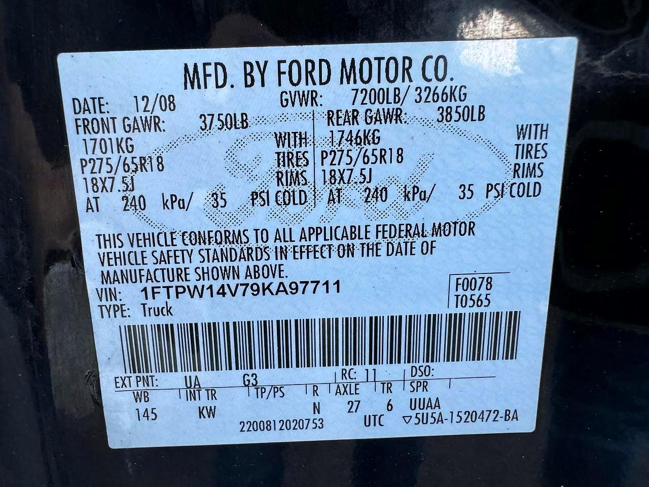 2009 Ford F150 Supercrew Black vin: 1FTPW14V79KA97711