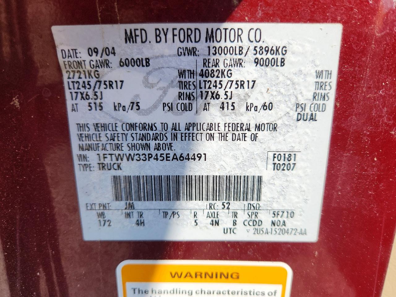 2005 Ford F350 Super Duty Maroon vin: 1FTWW33P45EA64491