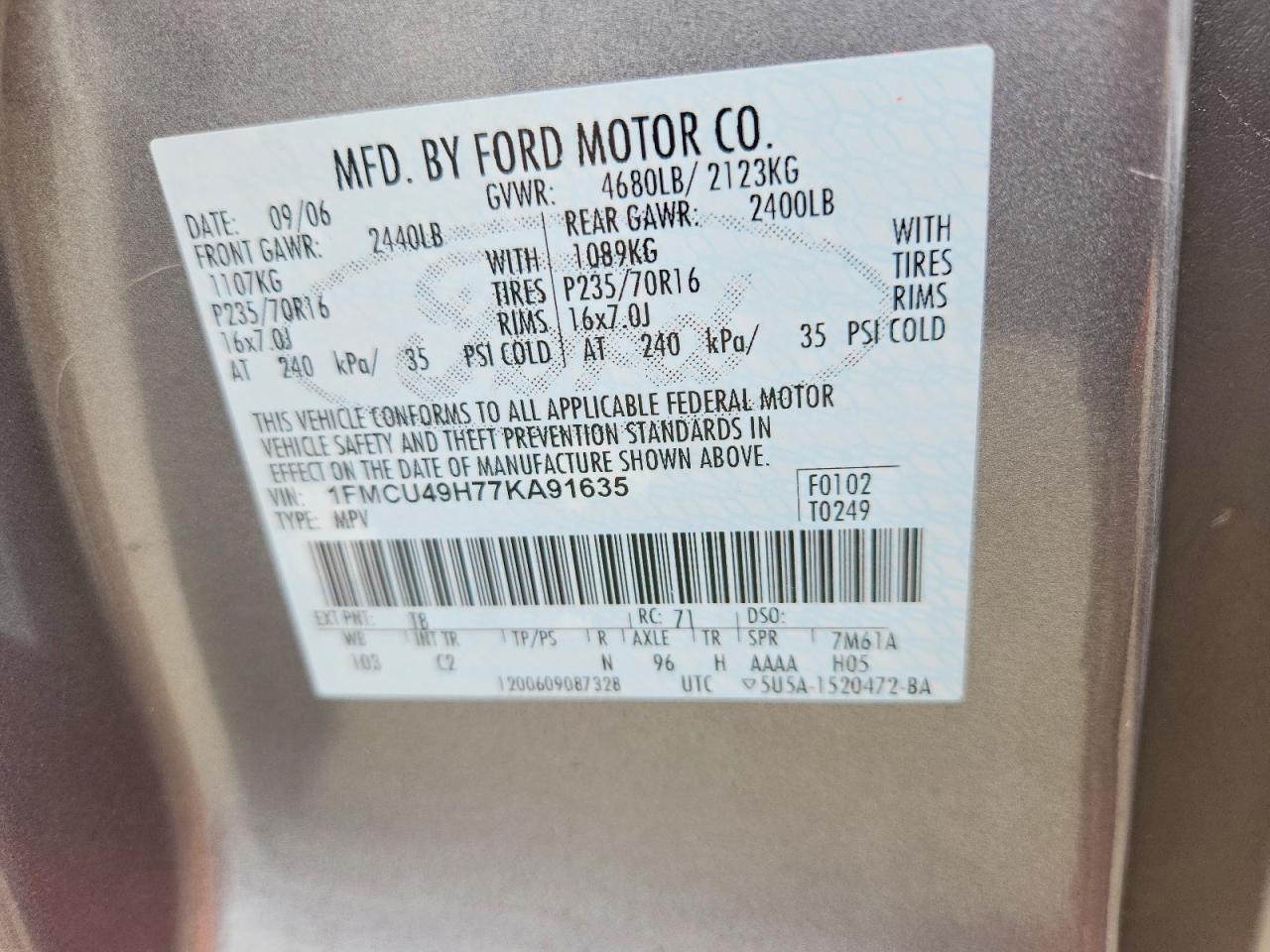 2007 Ford Escape Hev Gray vin: 1FMCU49H77KA91635