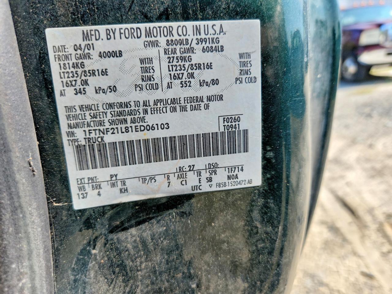 2001 Ford F250 Super Duty Green vin: 1FTNF21L81ED06103