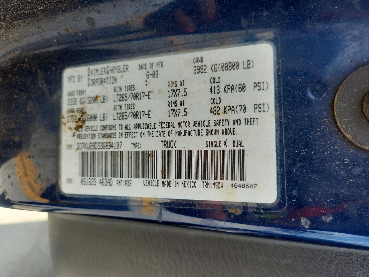 2003 Dodge Ram 2500 St Blue vin: 3D7KU28D33G834107
