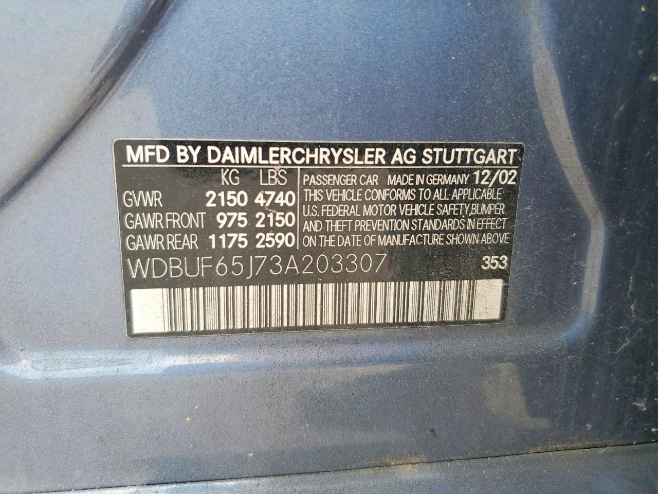 2003 Mercedes-benz E 320 Blue vin: WDBUF65J73A203307