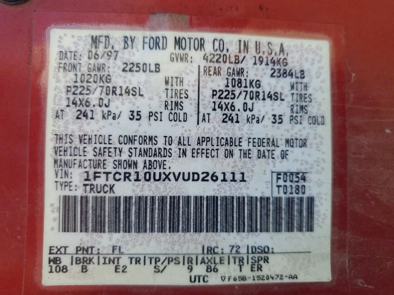 1997 Ford Ranger Red vin: 1FTCR10UXVUD26111