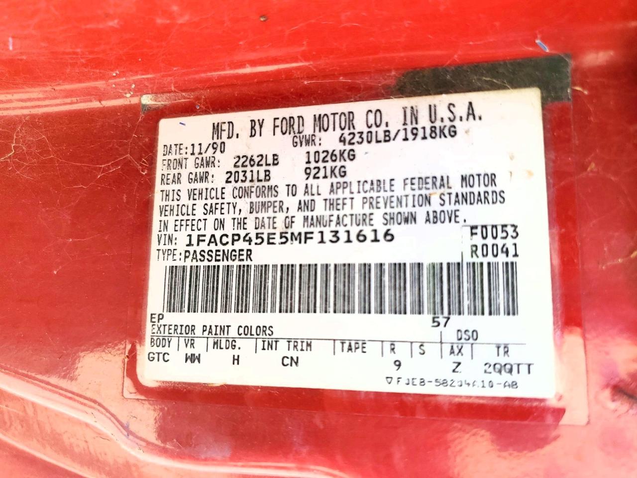 1991 Ford Mustang Gt Red vin: 1FACP45E5MF131616