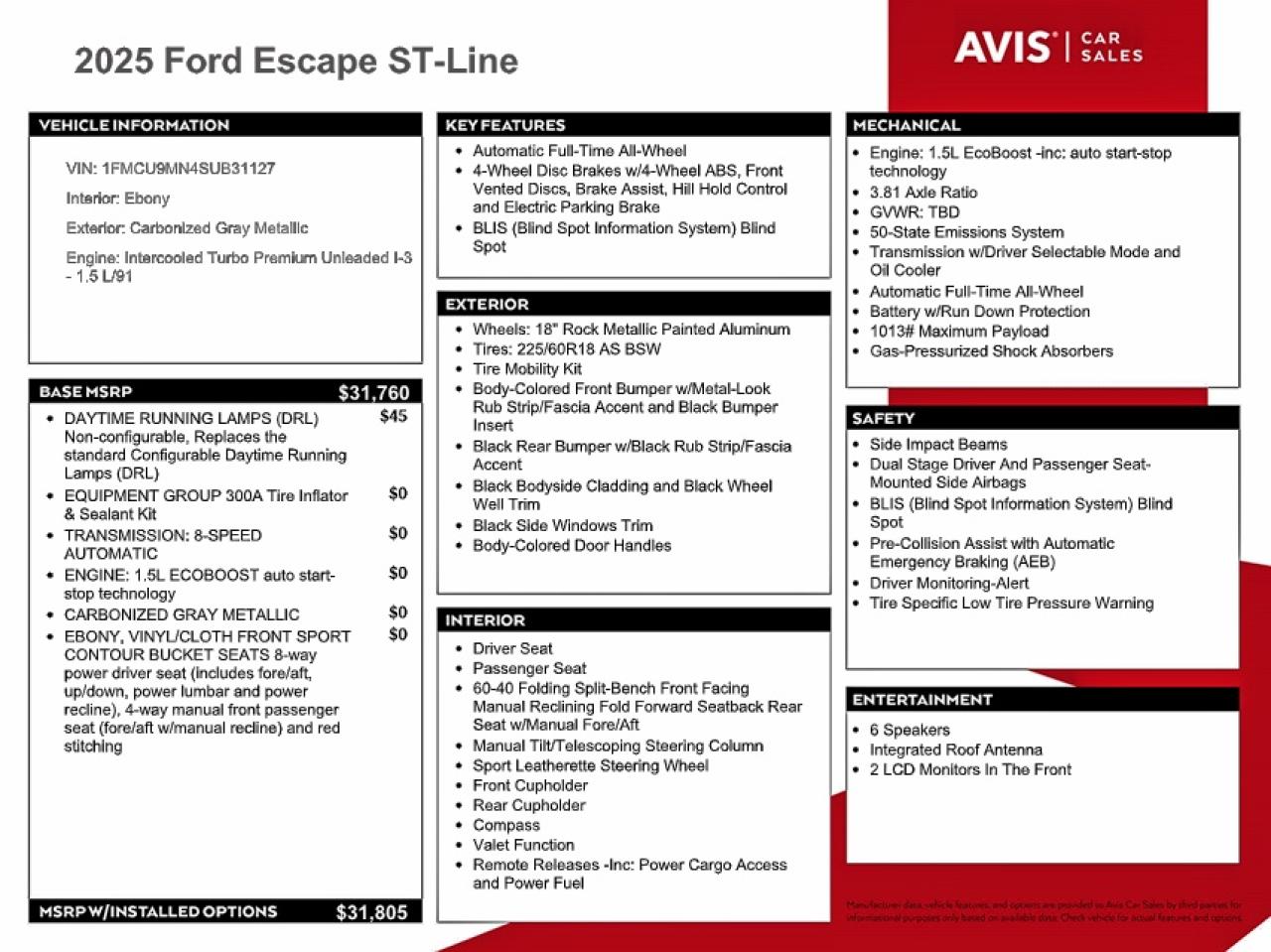 2025 Ford Escape St Line Gray vin: 1FMCU9MN4SUB31127