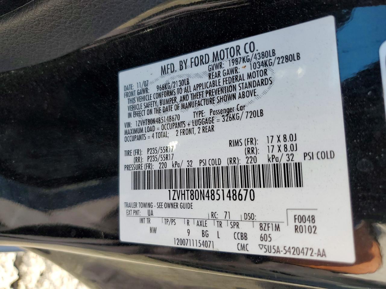 2008 Ford Mustang Black vin: 1ZVHT80N485148670