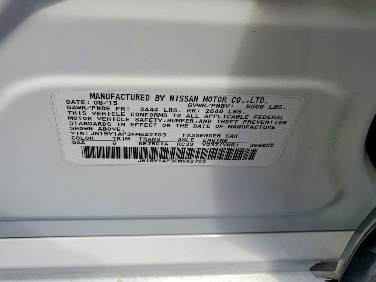 2015 Infiniti Q70 3.7 White vin: JN1BY1AP3FM542703