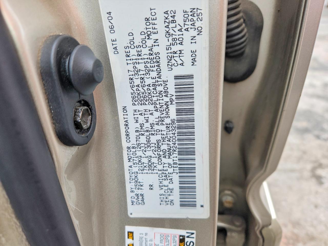 2004 Toyota 4runner Limited Gold vin: JTEBT17R240043296