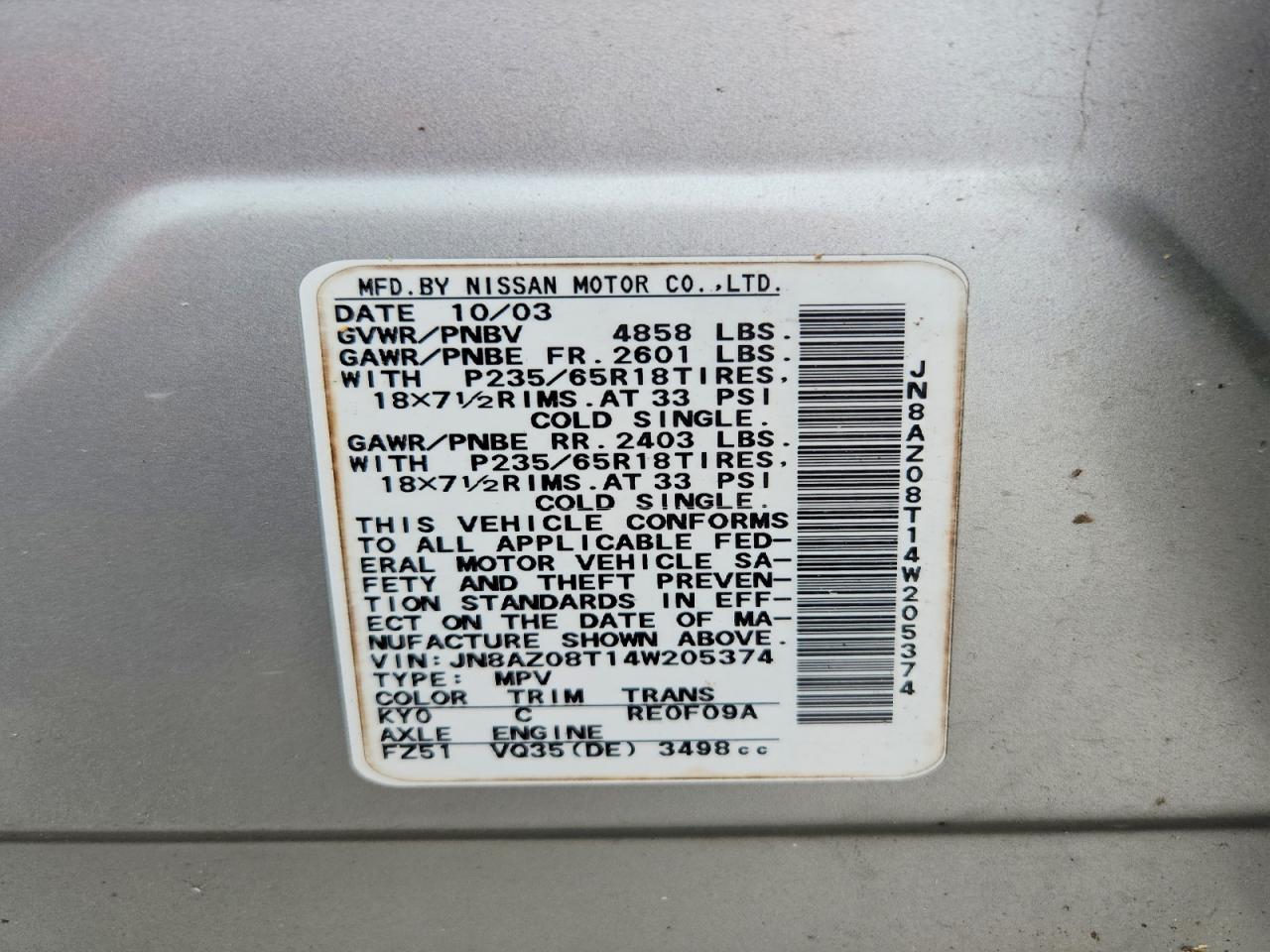 2004 Nissan Murano Sl Серебряный vin: JN8AZ08T14W205374