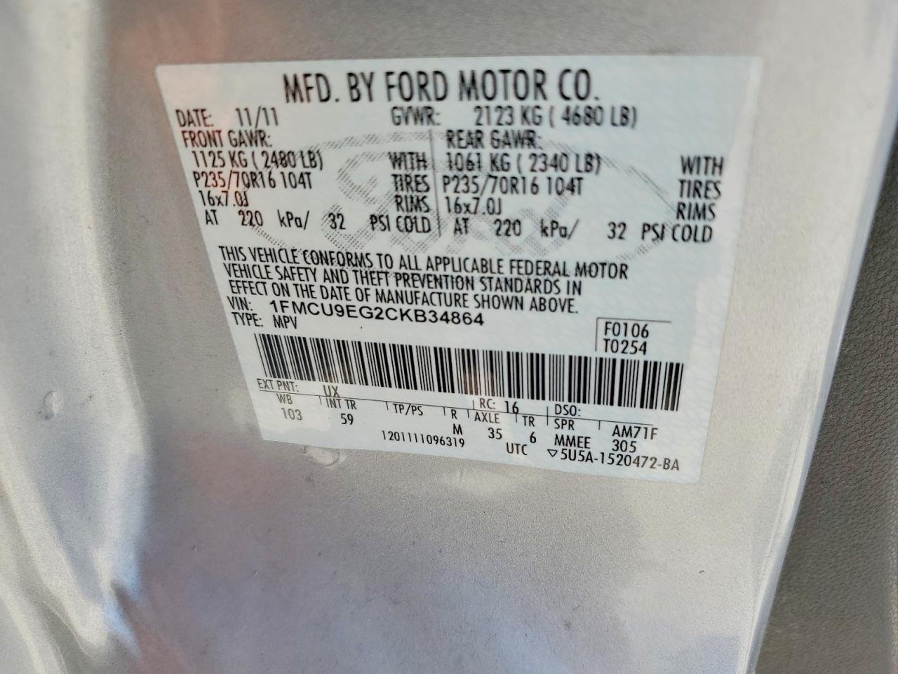 2012 Ford Escape Limited Silver vin: 1FMCU9EG2CKB34864
