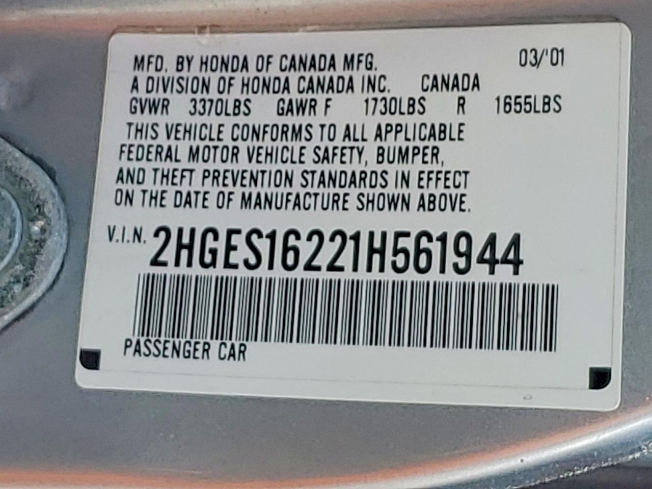 2001 Honda Civic Dx Silver vin: 2HGES16221H561944