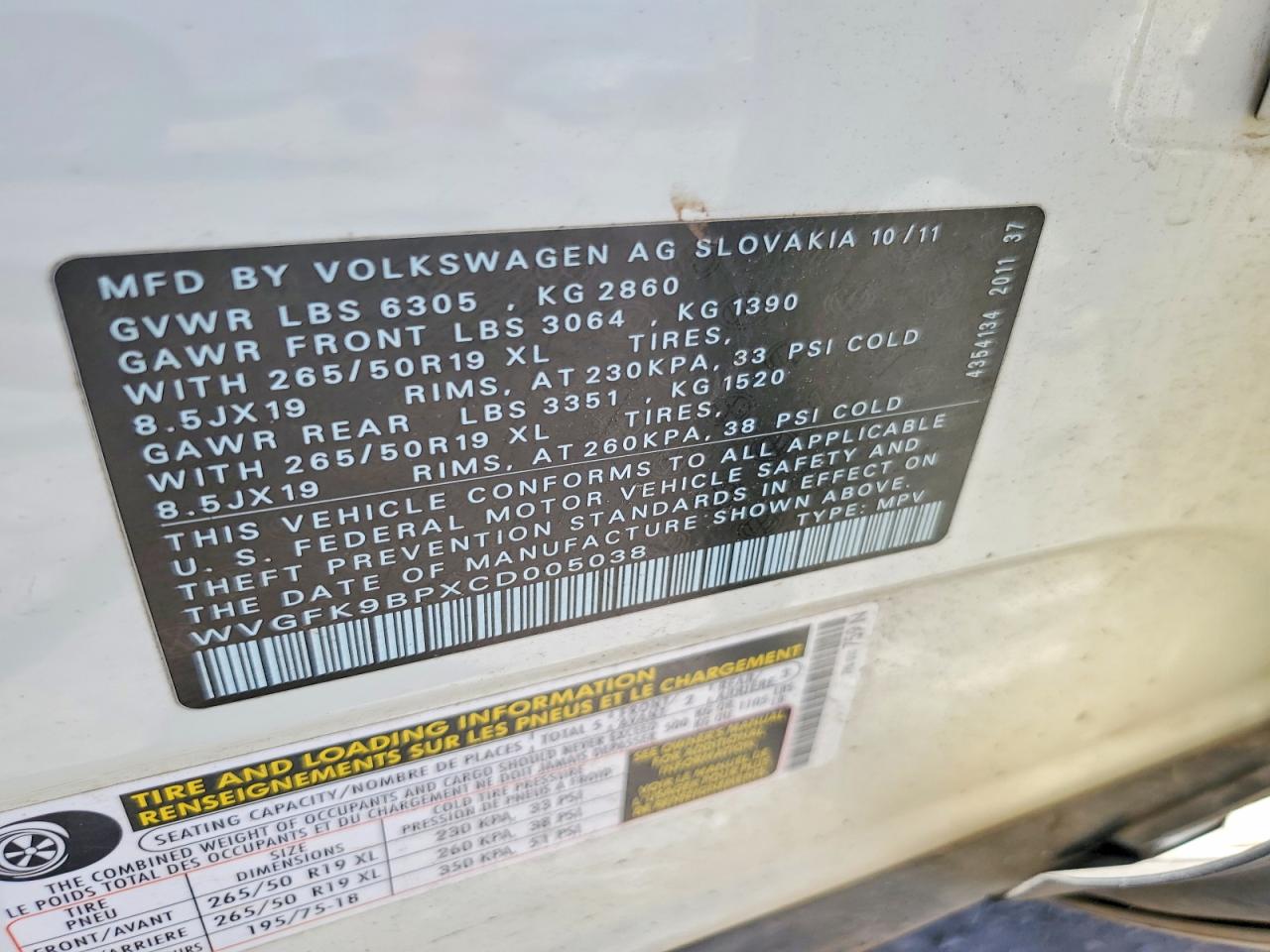 2012 Volkswagen Touareg V6 Tdi White vin: WVGFK9BPXCD005038