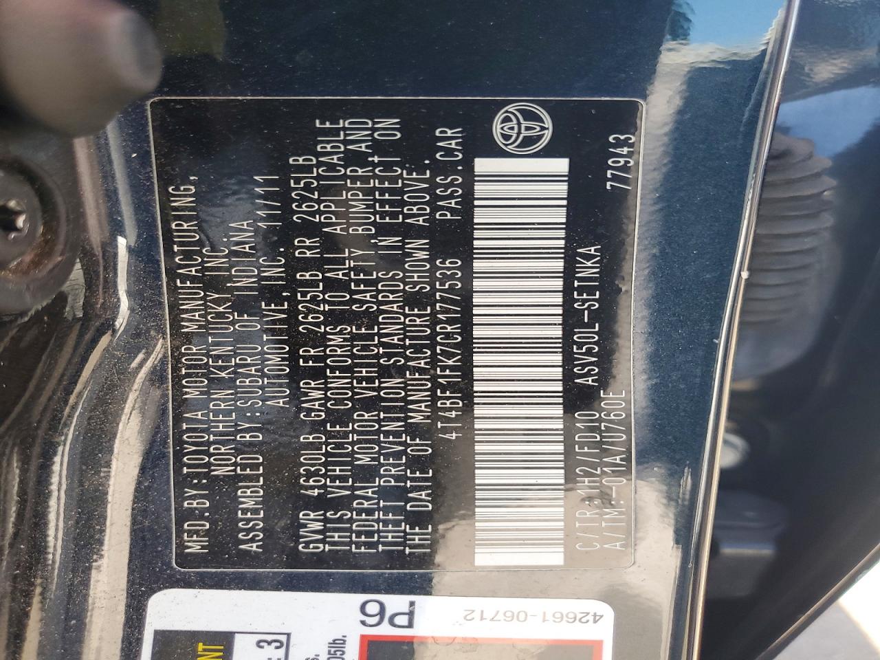 2012 Toyota Camry Le Black vin: 4T4BF1FK7CR177536