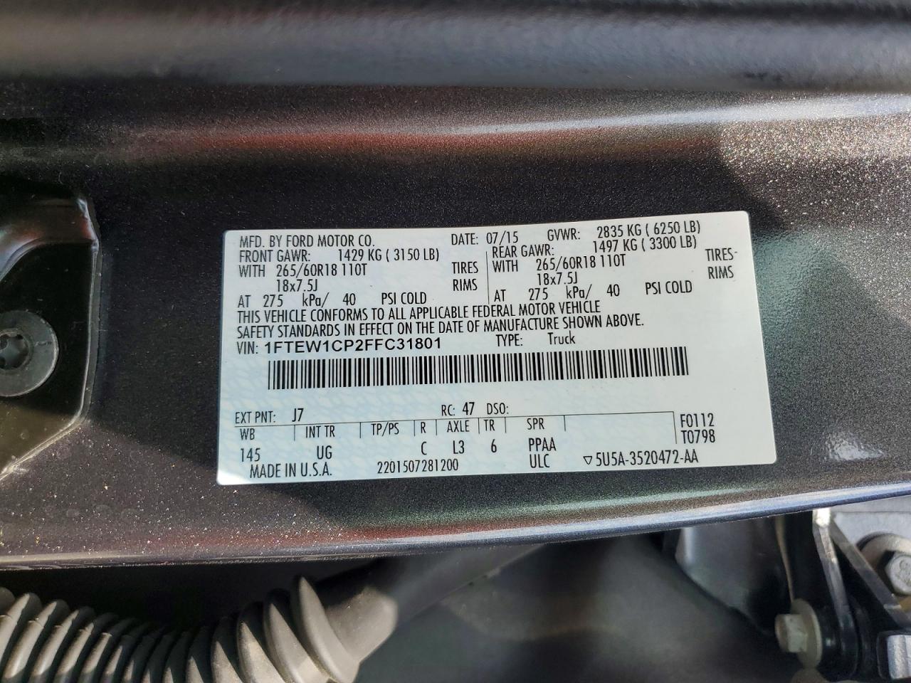 2015 Ford F150 Supercrew Gray vin: 1FTEW1CP2FFC31801