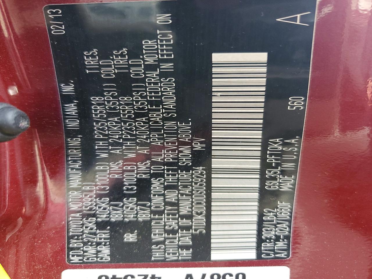 2013 Toyota Sienna Xle 7-passenger Maroon vin: 5TDDK3DC0DS059294
