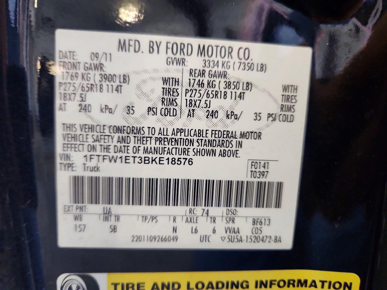 2011 Ford F150 Supercrew Black vin: 1FTFW1ET3BKE18576