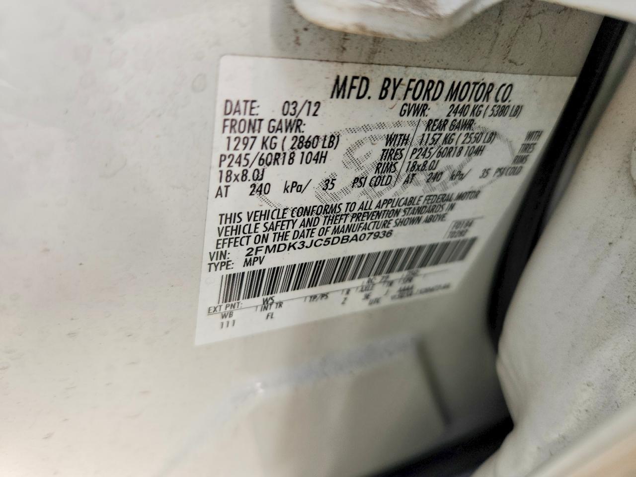 2013 Ford Edge Sel White vin: 2FMDK3JC5DBA07936